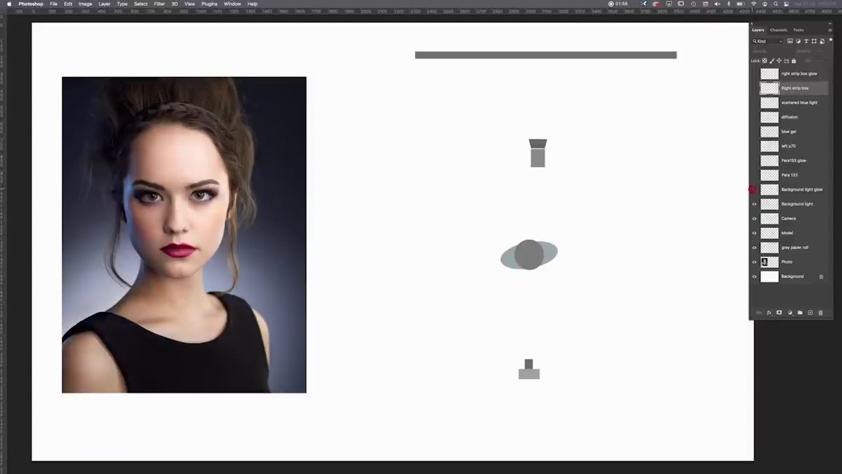 Diagram showing P70 reflector positioned behind model, aimed at backdrop
