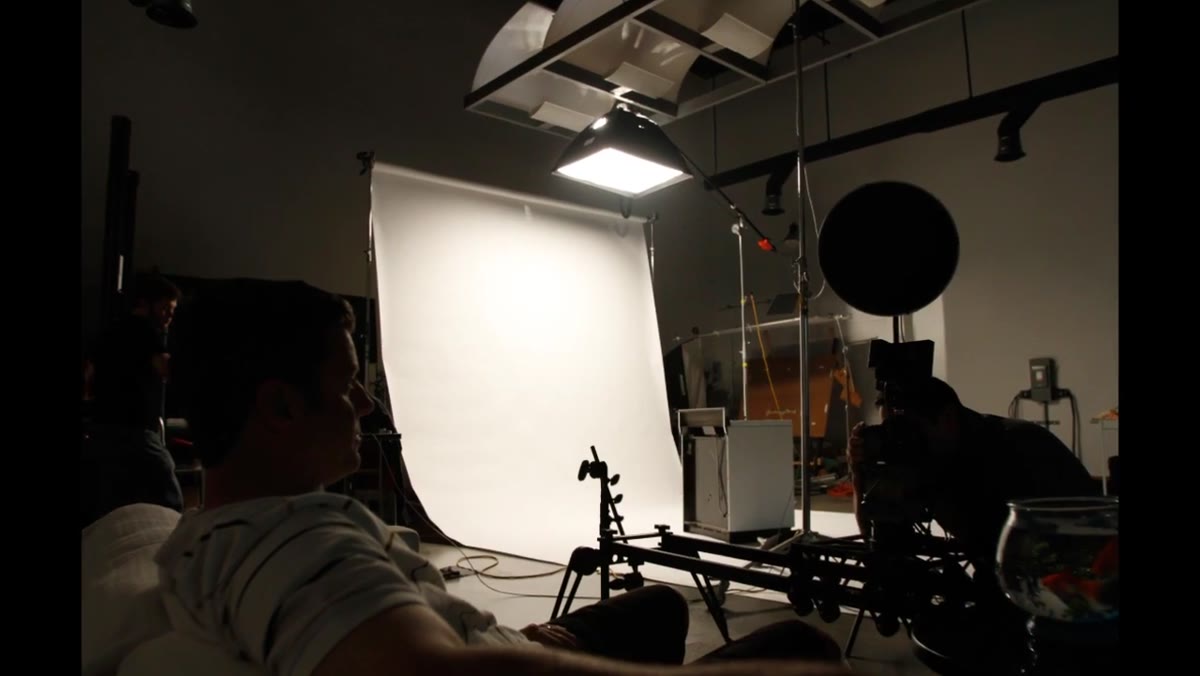 Overhead softbox bouncing into white seamless off camera right