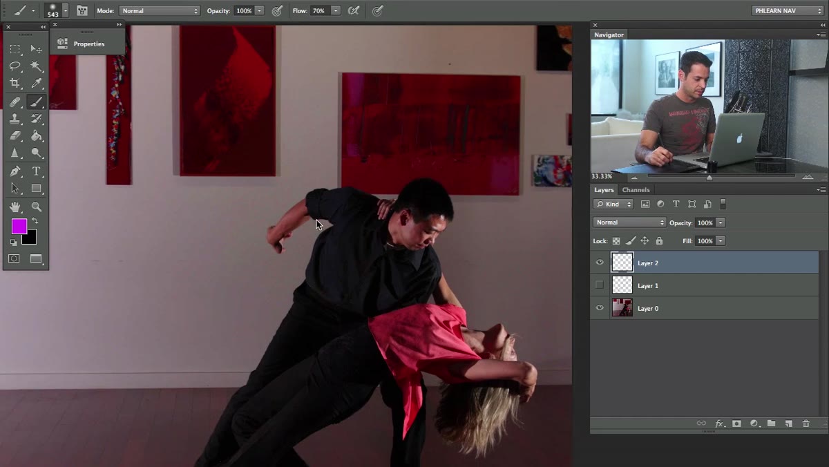 Brush tool active, alt-sampling wall color to paint over clutter