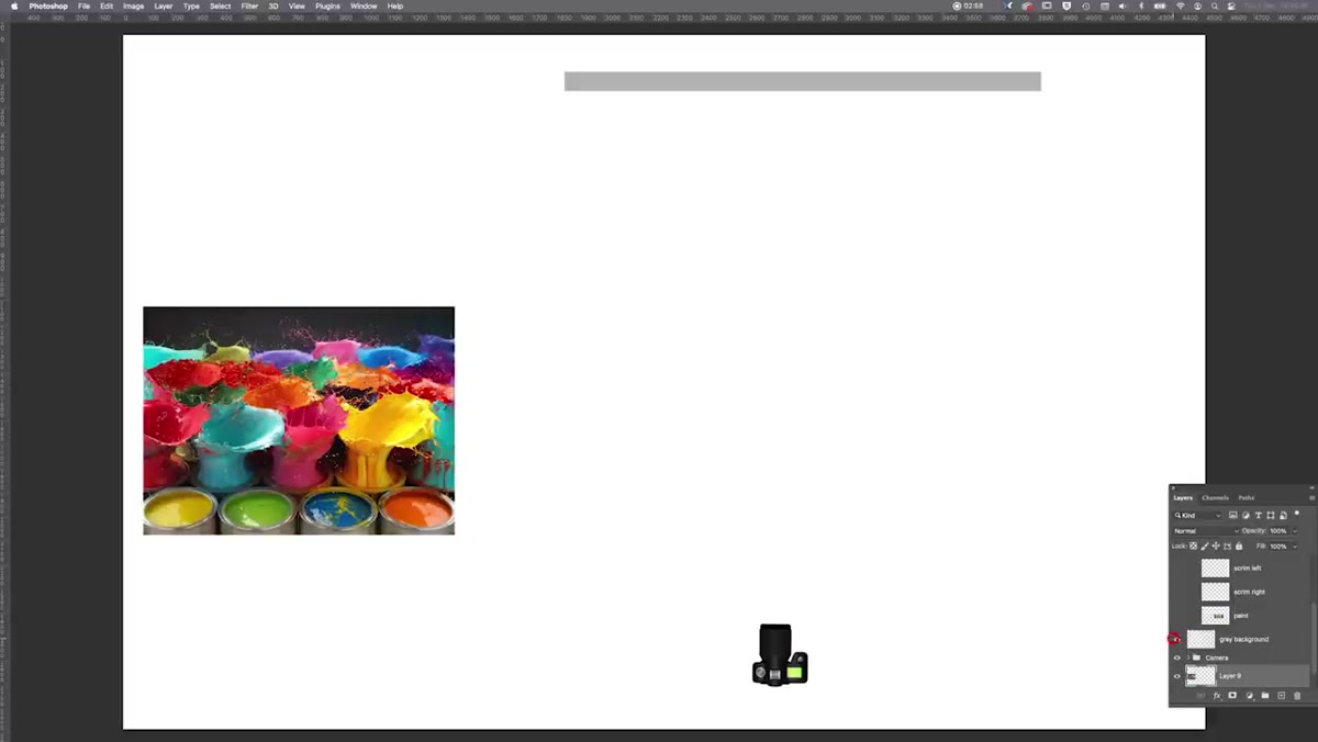 Lighting diagram with gray background behind paint pots on floor board