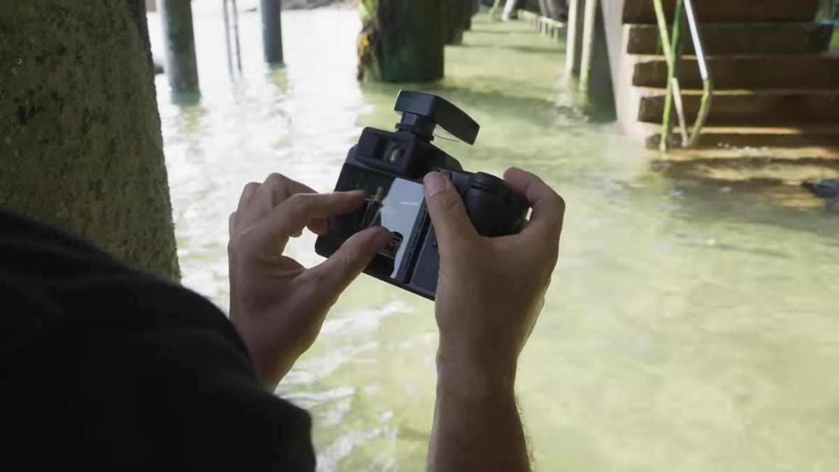 Camera settings being reviewed, flash and sunlight exposure confirmed