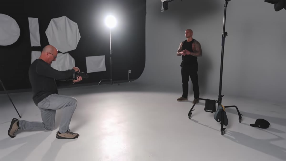 Camera low, shooting up toward subject for full-length frame