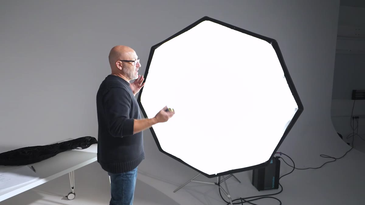 Large octabox mounted on light stand in studio
