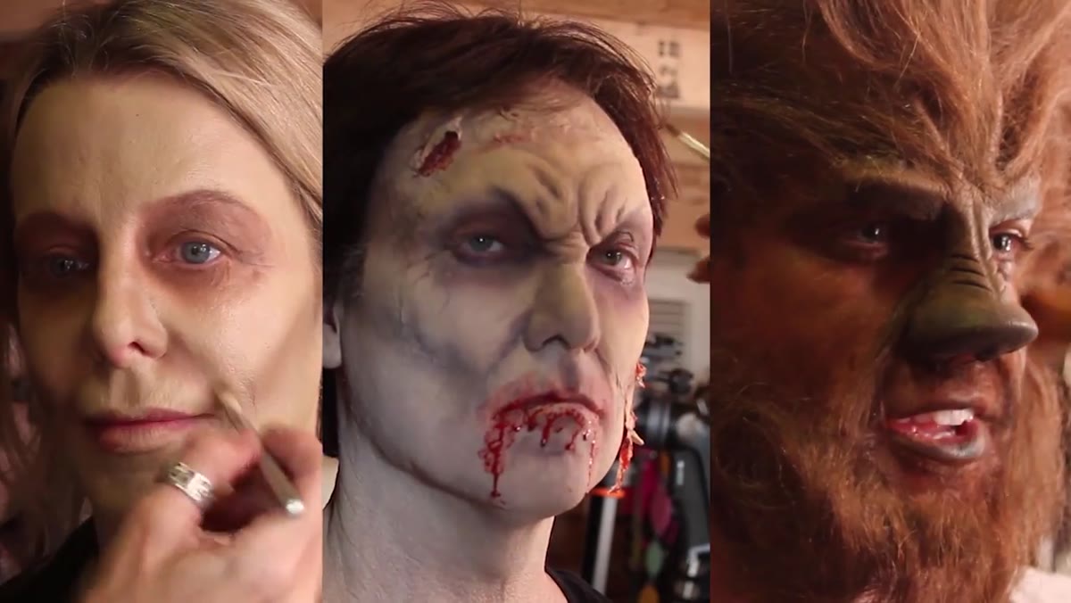 Three characters positioned in the ravine, makeup complete