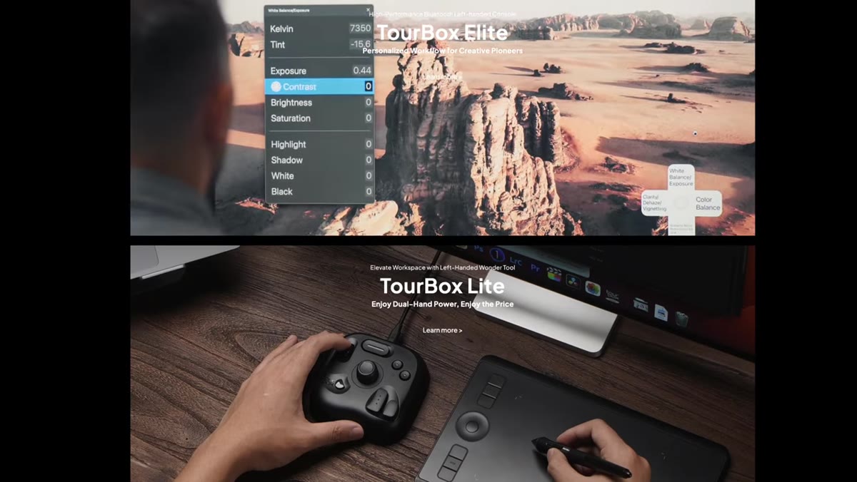 TourBox Elite device shown on desk, multiple knobs and dials visible