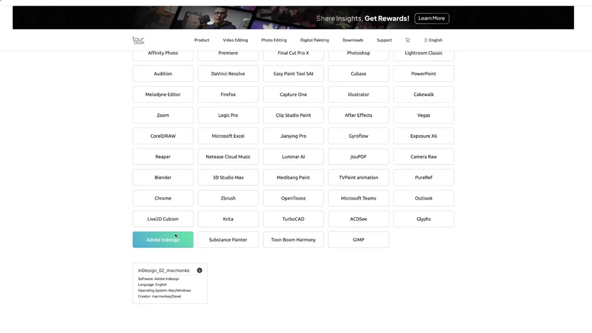 TourBox software interface showing button assignment and preset options