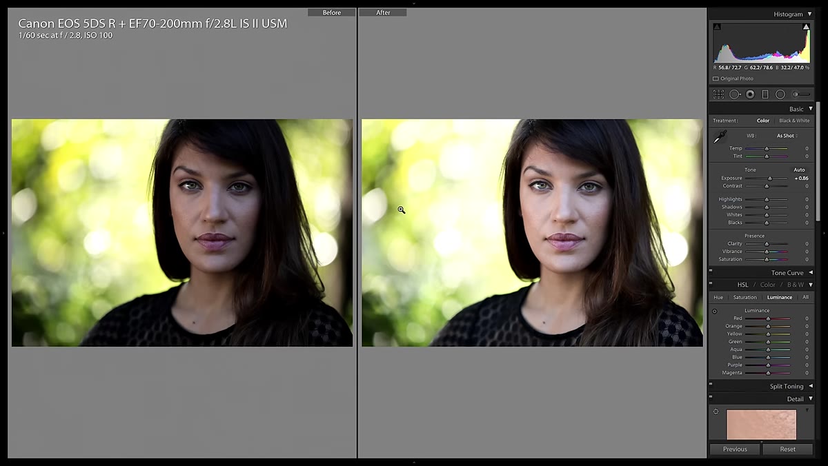 Before and after comparison showing brighter face against blown background